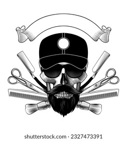 Barbería de peluquería y barba. Emblema vintage de la barbería, etiqueta, insignia, logotipo. Cabello masculino, bigote. El concepto de terror y anatomía retro. Dibujo estilizado de grabado de época.  Ilustración vectorial.