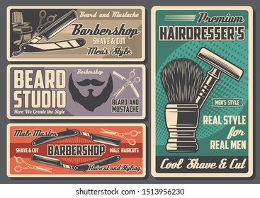 Barbershop and men hairdressers retro salon. Vector moustache and beard razor shaving, gentleman barber or hipster shop. Haircut and hair trim, comb and hairbrush, trimmer and shaver