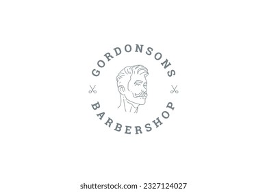 Barbershop minimal line logo design template gentleman hipster grooming service vector illustration. Stylish male with mustache fashion beauty hairstyle emblem for hairdressing hairdo salon