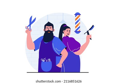 Barbershop modern flat concept for web banner design. Man barber and woman hairdresser with scissors and straight razor waiting for clients in studio. Vector illustration with isolated people scene