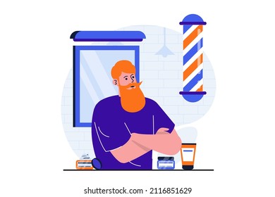 Barbershop modern flat concept for web banner design. Barber with tools and cosmetic stands next to mirror and waiting for client. Hairdresser in studio. Vector illustration with isolated people scene