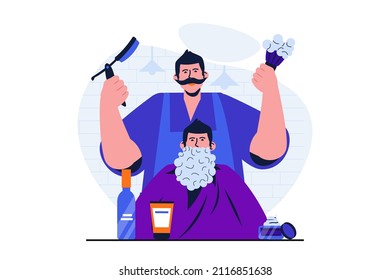 Barbershop modern flat concept for web banner design. Barber has lathered client's beard and cuts it off with straight razor. Man getting beard trimmed. Vector illustration with isolated people scene