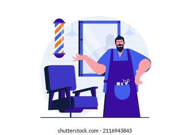 Barbershop modern flat concept for web banner design. Male barber in apron with working tools stands next to mirror and armchair for client in studio. Vector illustration with isolated people scene