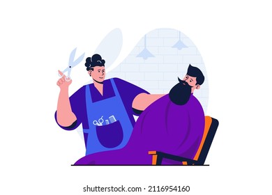 Barbershop modern flat concept for web banner design. Barber with scissors cutting hair and shaving client beard. Hairdresser works with man in studio. Vector illustration with isolated people scene