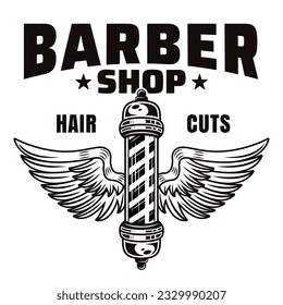 Barbershop monochrome emblem, label, badge or logo, barber pole with wings illustration isolated on white background