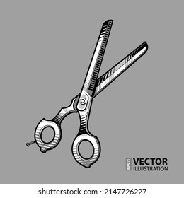 Barbershop monochrome vintage scissors on grey background. RGB EPS 10 vector illustration