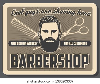 Barbershop mustache and beard razor shaving salon vintage poster. Vector gentlemen barber shop or hipster hairdresser, haircut scissors and hair trim comb or hairbrush