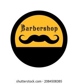 Barbershop and mustache, black and yellow colors, round sign for design on a white background, vector illustration