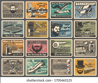 Barbershop mustaches and beard shave, hairdressing salon retro posters. Barber chair and pole signage, hairdresser scissors and gentleman hat, razors, shaving brush and hair dryer