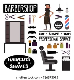 Barbershop object set and barber character. Vector cartoon style.