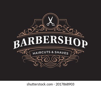 Barbershop ornate vintage victorian typographic logo with decorative floral ornament