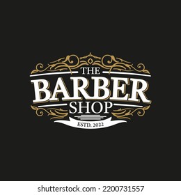 Barbershop ornate vintage victorian typography logo design with decorative ornamental flourish frame