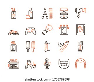 Barbershop outline icons set on white background. Men's hairdresser signs in thin line style. Hairdryer, scissors, razor, barber pole design elements. Haircuts, styling and shaves vector pictograms.