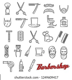 Barbershop outline line art icons. Beard and mustache, barber tools shaving razor or scissors, hairbrush and hair dryer. Vector of male beauty salon, hairdresser and coiffeur or haircutter service