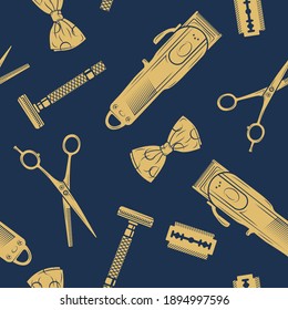 Barbershop patern on a dark blue background with light icons.