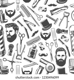 Barbershop pattern background. Vector seamless design of hipster mustaches, beard and gentleman hat with shave razor, hair cut trimmer and barber shop pole sign