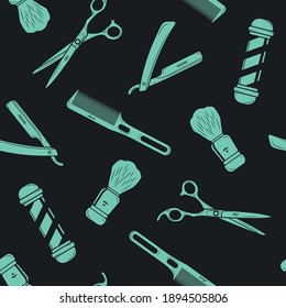 Barbershop pattern on a dark background with turquoise icons.