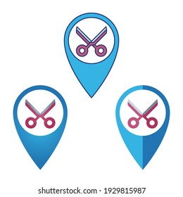 Barbershop pin location icon with 3 styles line color, gradient and flat icon