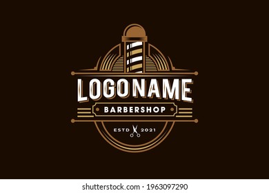 barbershop pole badge logo design icon, gold, white and brown ornamental hipster Vintage retro classic Victorian style barber salon logo vector