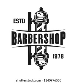 Barbershop pole emblem, label, badge or logo in monochrome vintage style isolated on white background