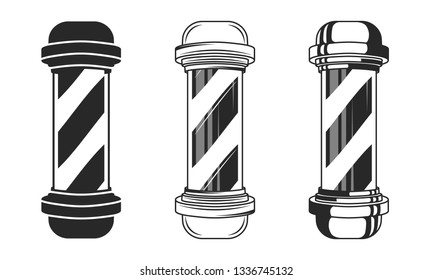 Barbershop pole isolated on white background. Vector barber pole in 3 other styles.