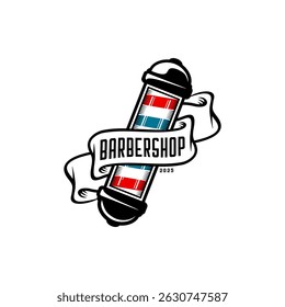 Barbershop pole and ribbon on white background 
