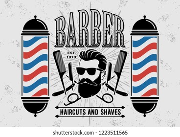 Barbershop poster, banner, label, badge, or emblem on gray background with barber pole in vintage style. Vector illustration