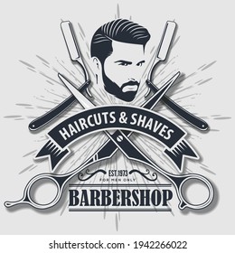 Barbershop poster, banner template with Bearded men. Vector illustration