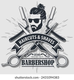 Barbershop poster, banner template with Bearded men. Vector illustration