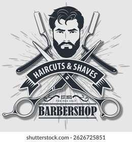 Barbershop poster, banner template with Bearded men. Vector illustration