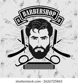 Barbershop poster, banner template with Bearded men. Vector illustration