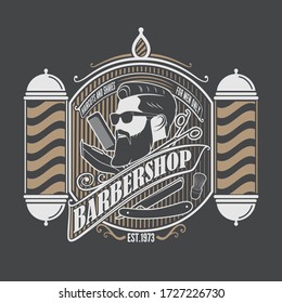 Barbershop poster, banner template design with Bearded men and barber pole. Vector illustration