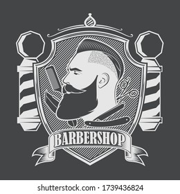 Barbershop poster, banner template design with Bearded men and barber pole. Vector illustration