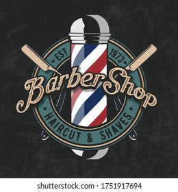 Barbershop poster, banner template design with barber pole. Vector illustration