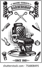 Barbershop poster with barber chair, haircut tools. Design elements for poster, emblem. Vector illustration