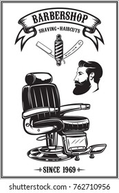 Barbershop poster with barber chair, haircut tools. Design elements for poster, emblem. Vector illustration