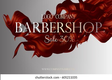 Barbershop poster promo with curly hair vector 3d illustration. Discount card at the barber shop or salon. Red hair curls on the background. Sale 30% off in hairdresser.