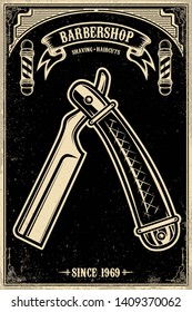 Barbershop poster template with retro style razor .Design element for poster, card, banner, emblem, sign. Vector illustration