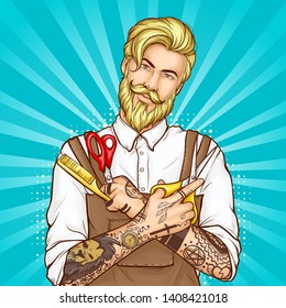 Barbershop professional hairdresser pop art vector. Half-length portrait of stylish, blond, bearded hipster man wearing apron on white shirt, holding scissors and comb in tattooed hands illustration