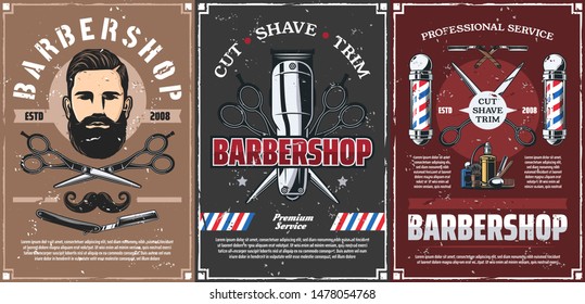 Barbershop professional men hairdresser salon vintage posters. Vector mustaches trim, shave and hair cut service, barber shop pole signage, scissors and razor blade, shaving brush and clipper