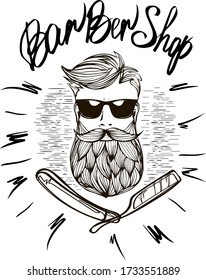 Barbershop professional men hairdresser salon vintage posters. Vector mustaches trim, shave and hair cut service, barber signage,  razor blade. Logo for the hairdresser. Black and white logo.