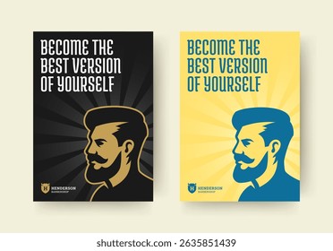 Barbershop promotional flyer featuring a bold male profile silhouette, sunburst background, and motivational typography. Perfect for branding and advertising. Vector illustration
