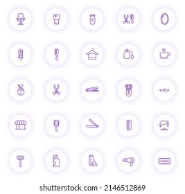 barbershop purple color outline icons on light round buttons with purple shadow. barbershop icon set for web, mobile apps, ui design and print