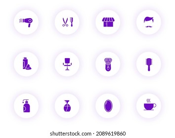barbershop purple color vector icons on light round buttons with purple shadow. barbershop icon set for web, mobile apps, ui design and print