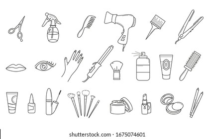 Barbershop related and beauty salons icons: thin linear  icon set, black and white kit. Icons of cosmetics and hair tools. Mascara, lipstick, cream, tassels, curling iron and other make-up items. 