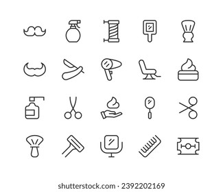 barbershop related line icons. Vector linear object set. 48x48 Pixel Perfect with editable stroke