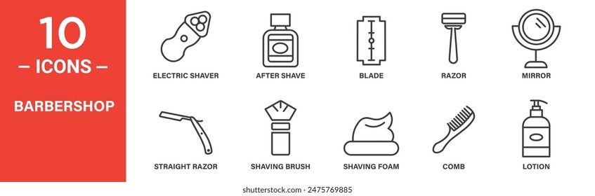 Barbershop related vector icon set includes electric shaver, after shave, blade, razor, mirror, straight razor, shaving brush, shaving foam, comb, lotion, and more icons