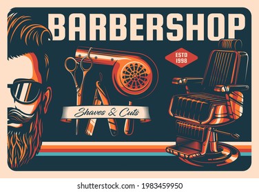 Barbershop Retro Poster, Barber Shop Haircut Salon, Beard And Mustache Grooming, Vector. Barbershop Hipster Man With Beard, Barber Tools And Shaving Equipment, Scissors, Razor And Hair Dryer