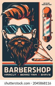 Barbershop retro poster with barber shop pole, vector man with beard and mustaches. Barbershop men and hipster haircut salon retro poster with razor blade and gentleman in sunglasses