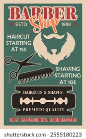 Barbershop retro poster with man beard and mustaches, vector